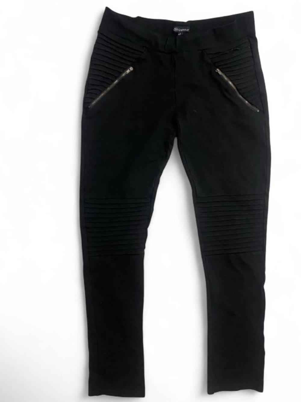 Shinestar Black Moto Detail Ribbed Zip Women’s Skinny Biker Pants L Punk Grunge